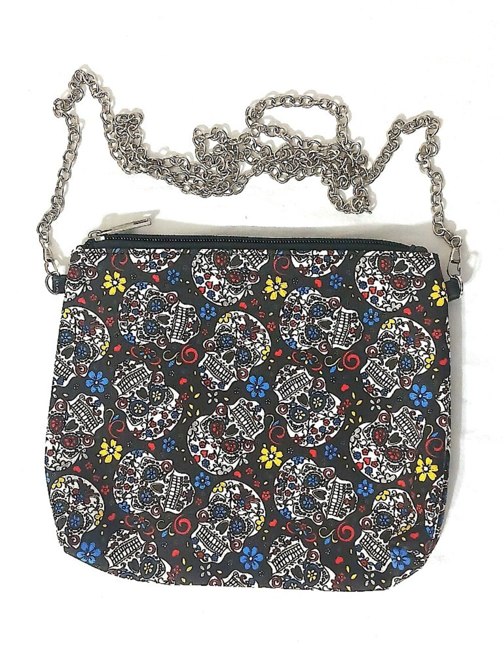 Sugar Skull Crossbody Purse Black Dia De Los Muertos Chain Strap Zipper Bag 9".